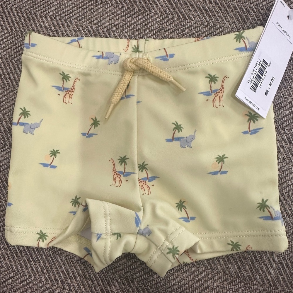 Janie and Jack Yellow Baby Swim Shorts with Animal Print 3-6m